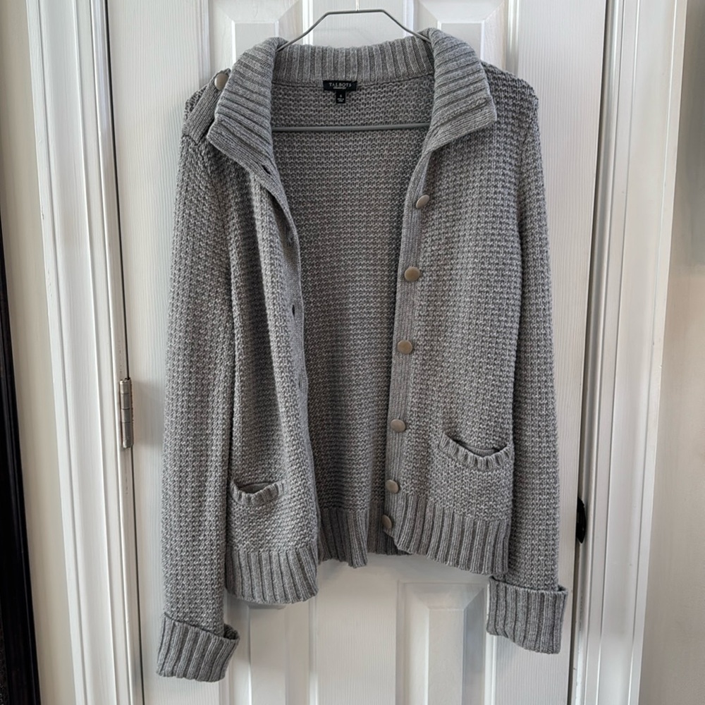 Talbots Gray chunky wool blend button up collared cardigan w pockets Sz S - Picture 2 of 9